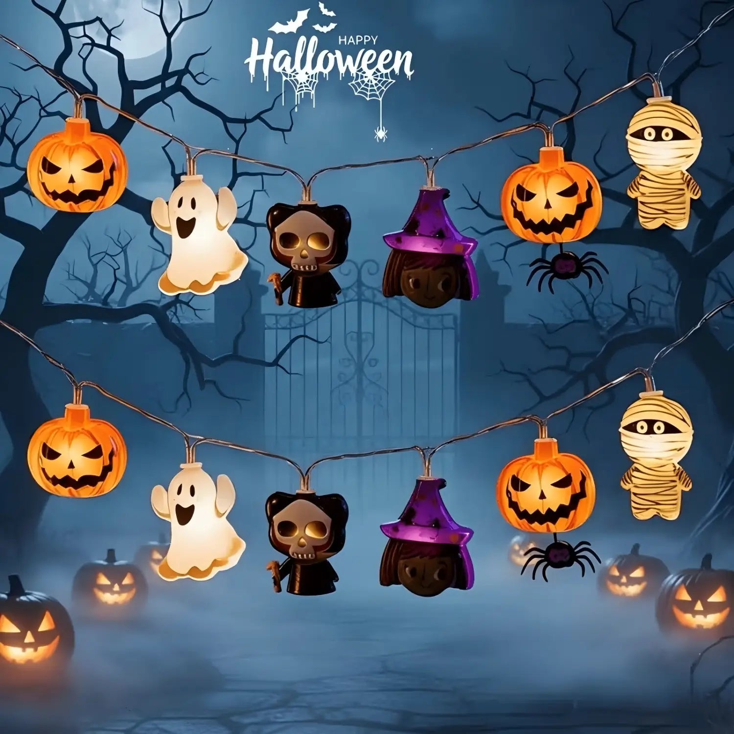Halloween led string lights featuring glowing orange jack-o-lanterns, white ghosts, black skulls, purple witch hats, and mummy figures for festive indoor and outdoor decoration.