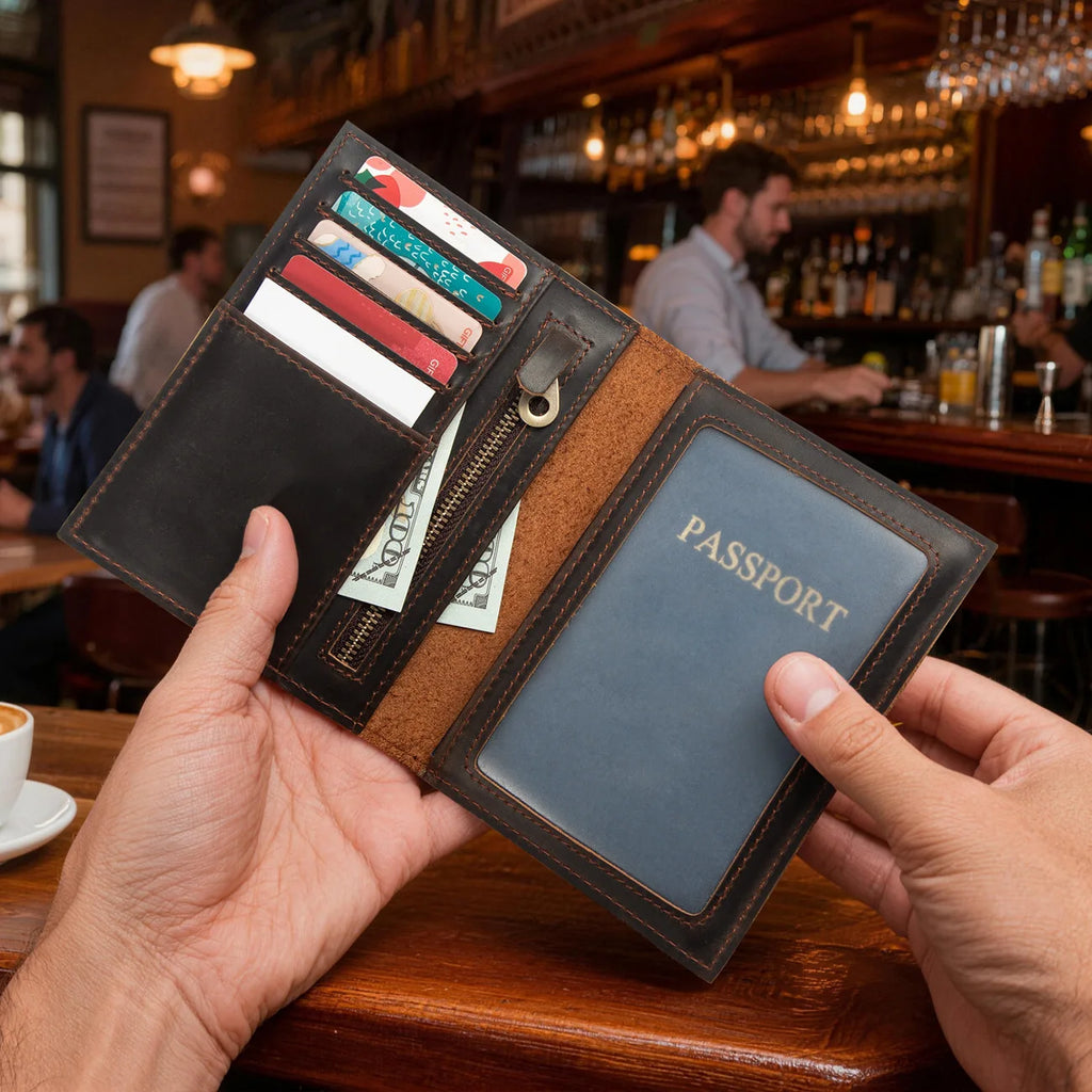 All-in-One Leather Passport Holder - Travel Wallet with Zipper & Card Slots, Durable Document Organizer for Trips & Business