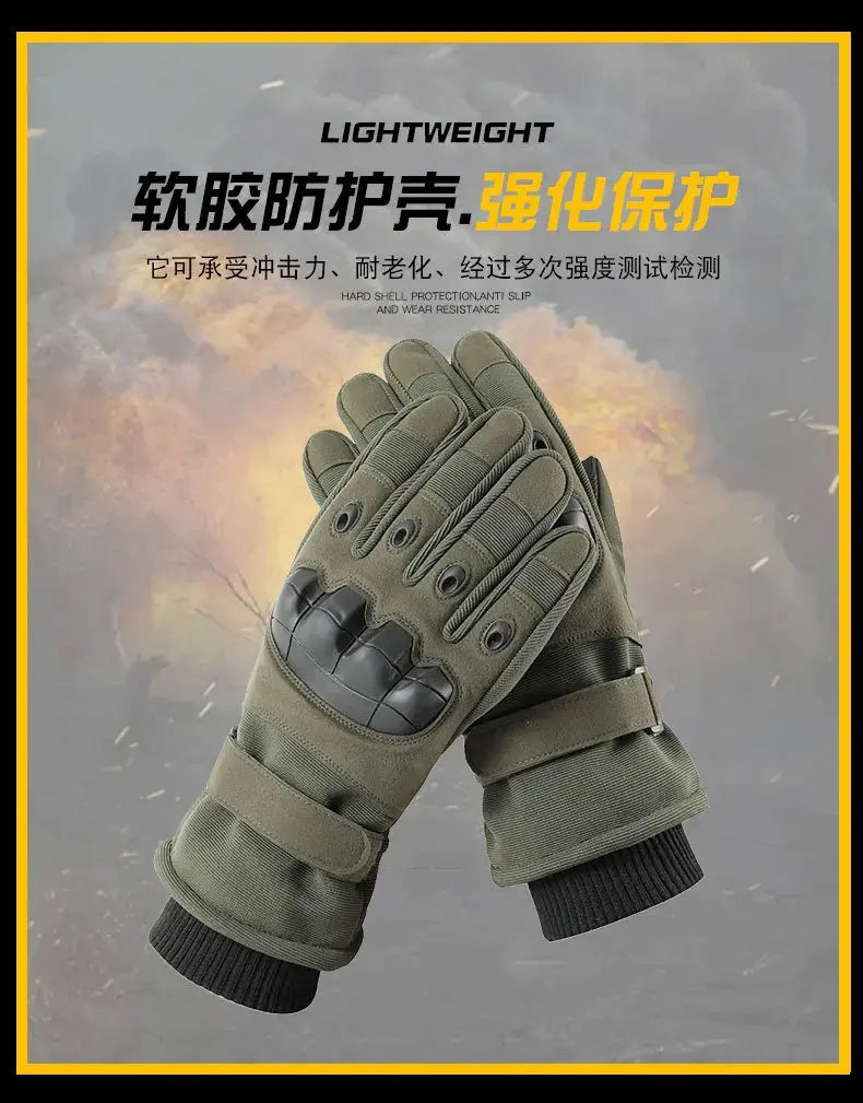 olive green winter motorcycle gloves with black reinforced knuckle padding and adjustable wrist straps shown from the back designed for thermal windproof riding gear.