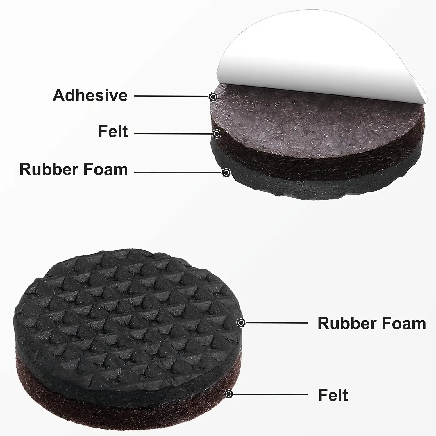 Patins de protection de sol pour meubles en feutre noir et mousse de caoutchouc circulaires, avec support adhésif, visibles depuis le côté arrière, dans un lot de 52.