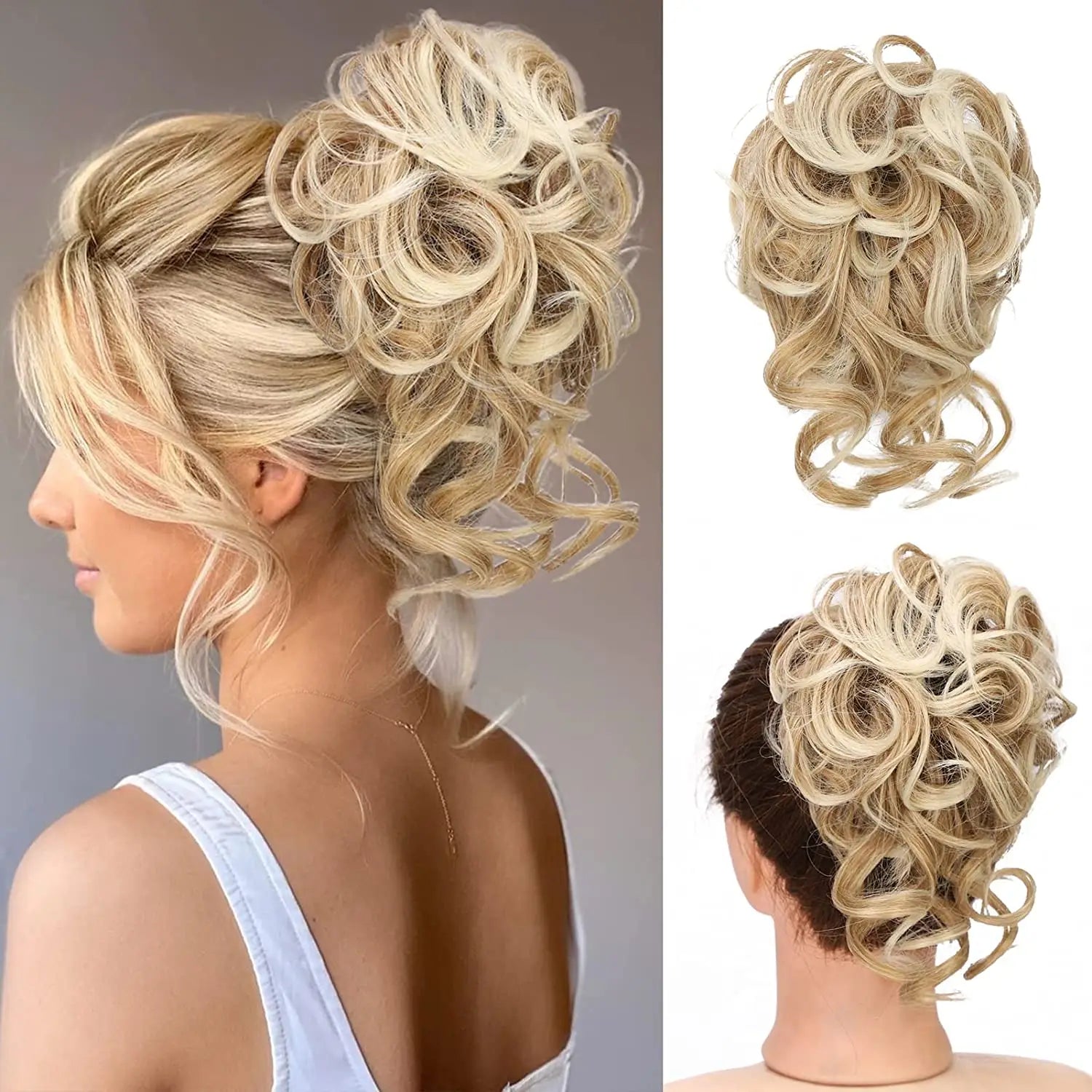 blonde curly synthetic hair bun scrunchie designed for easy styling and secure wear in a voluminous hair piece
