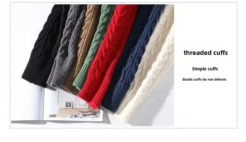 Eine Kollektion von Herren-Cardigan-Lockenstrick-Sweater-Ärmelsäumen im lässigen Winterstil in Schwarz, Grau, Braun, Grün, Rot, Navyblau und Creme mit Zopfmuster.