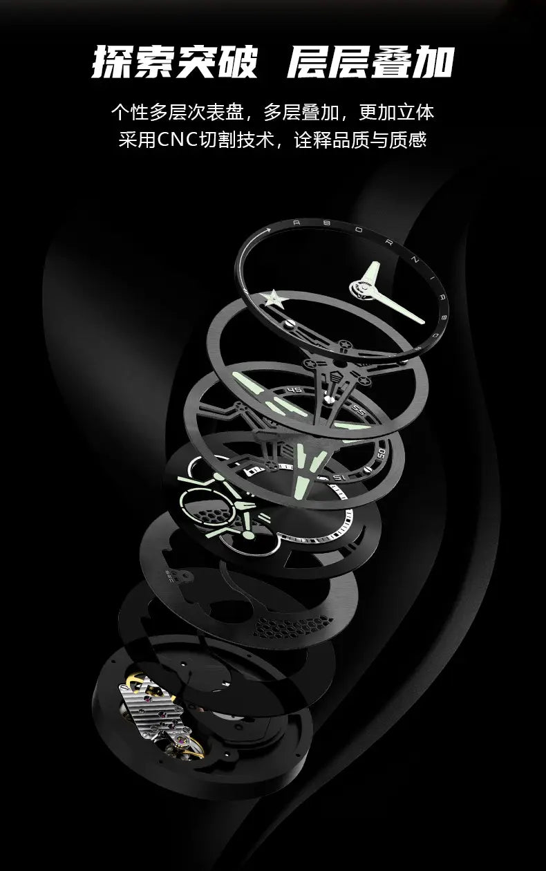Black layered dial of an automatic skeleton mechanical watch for men featuring cnc-machined details and glowing hands.