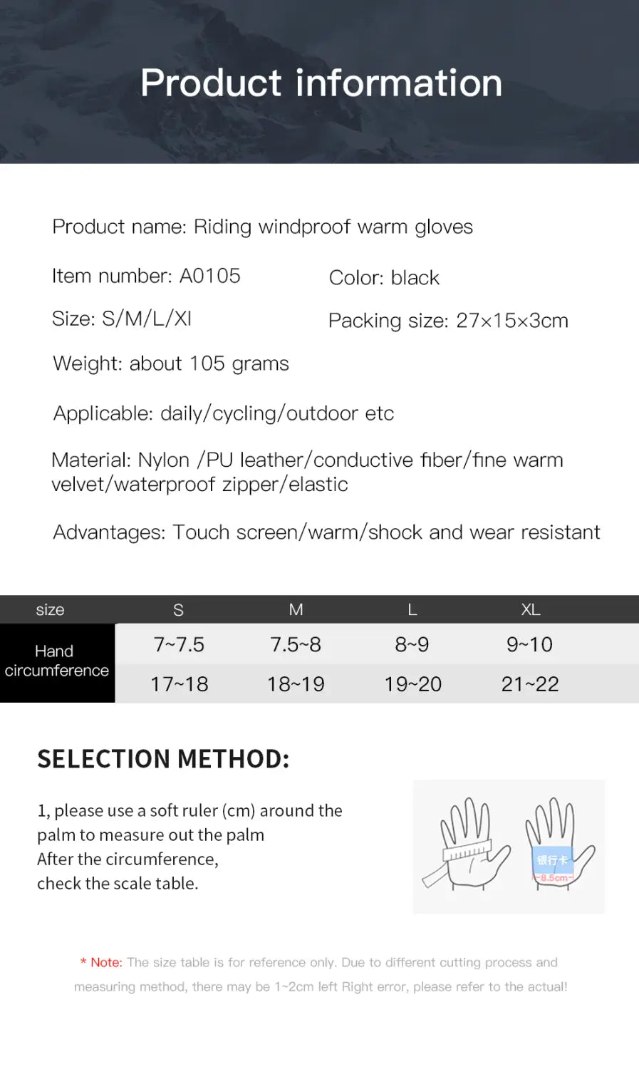 Guantes de ciclismo de invierno impermeables para hombre en negro, confeccionados en cuero de nailon PU y fibra conductora, con cierre impermeable, mostrados desde el reverso.