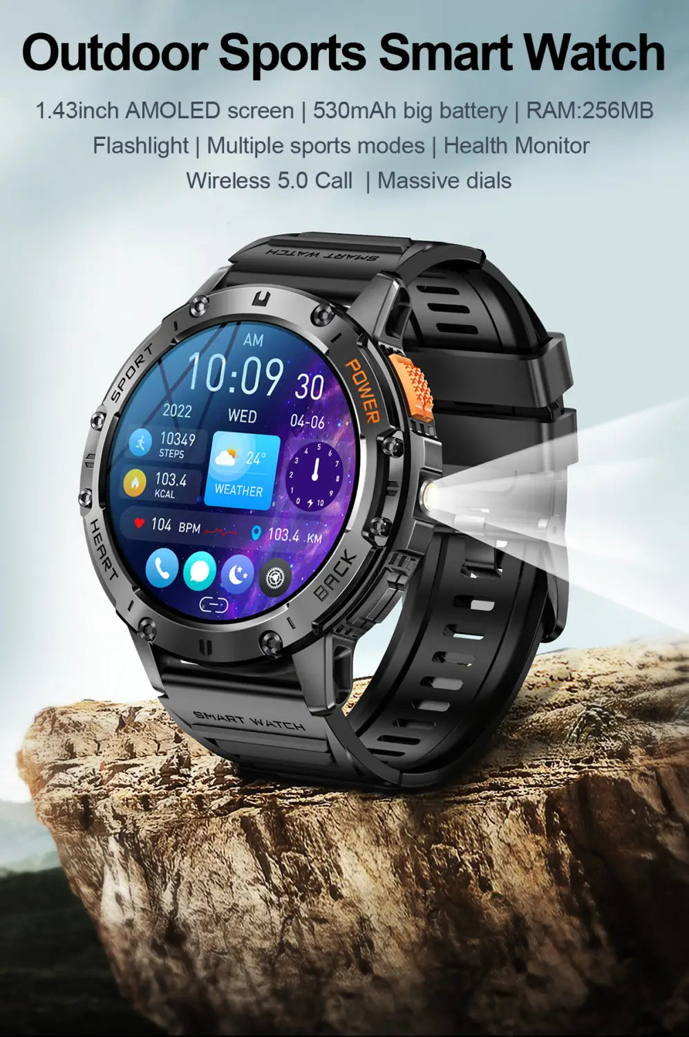 Amoled smart watch with heart rate detection featuring a 1.43-inch amoled screen, black and orange rugged case design, and perforated rubber strap for durable material type.