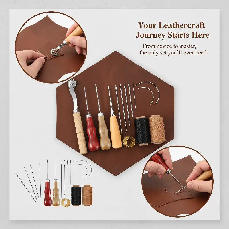 Leather Sewing Tools Kit Wooden Handle Needles Awl Waxed Thread Stitching Groover Thimble For DIY Craft Hand Stitching Repair