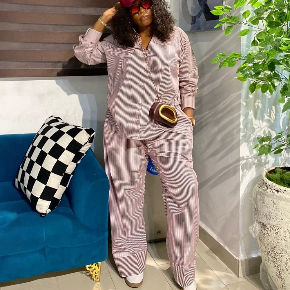 Chic Striped Matching Set Women Long Sleeve Shirt Drawstring Waist Wide Leg Pants African Street Holiday Comfort Two Piece Suit