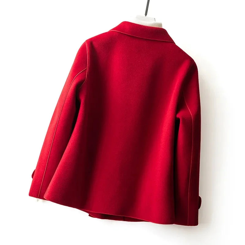 High-Quality Double-Sided Woolen Coat For Women 2026 New Short Temperament Doll Neck Mother's Outfit Woolen Coat Female Red Came