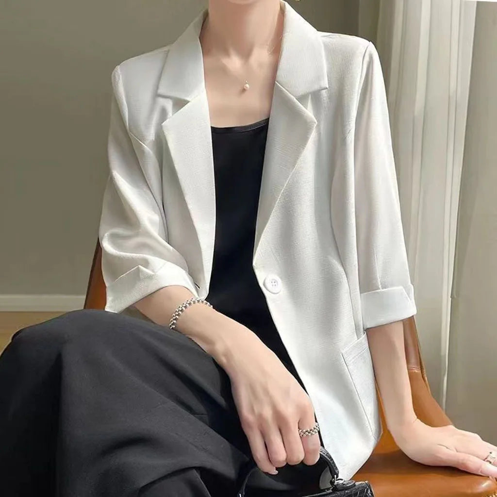 Women White 3/4 Sleeve Blazer Elegant Office Business Suit Jacket Loose Pocket Formal Workwear Ladies Casual O
