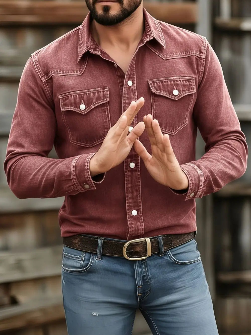A man wearing a men’s vintage denim shirt in maroon with white buttons and two chest pockets designed for casual workwear.