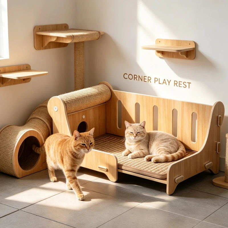 Large Wooden Cat Bed With Sisal Scratching Post Lounge Sofa Furniture For Indoor Pets Living Room Summer Cooling Pet Supplies