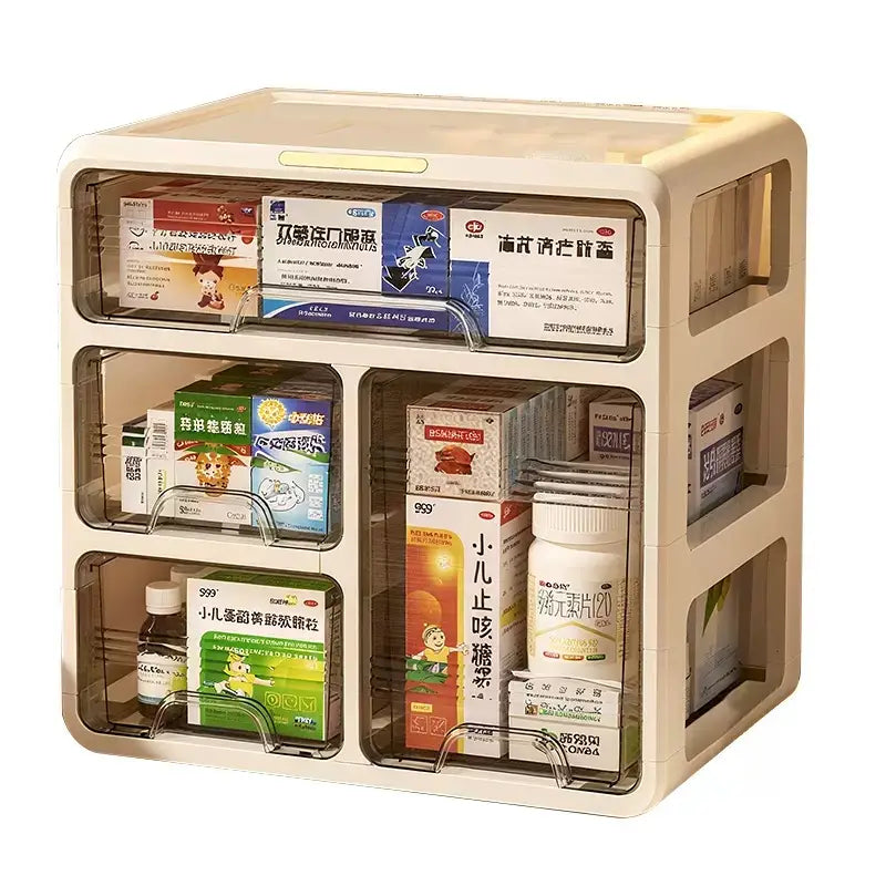 Beige Kunststoff-Medikamenten-Aufbewahrungsbox mit mehreren Schichten, klaren Frontplatten und Metall-Drahtregalen für eine großvolumige, geordnete Aufbewahrung.