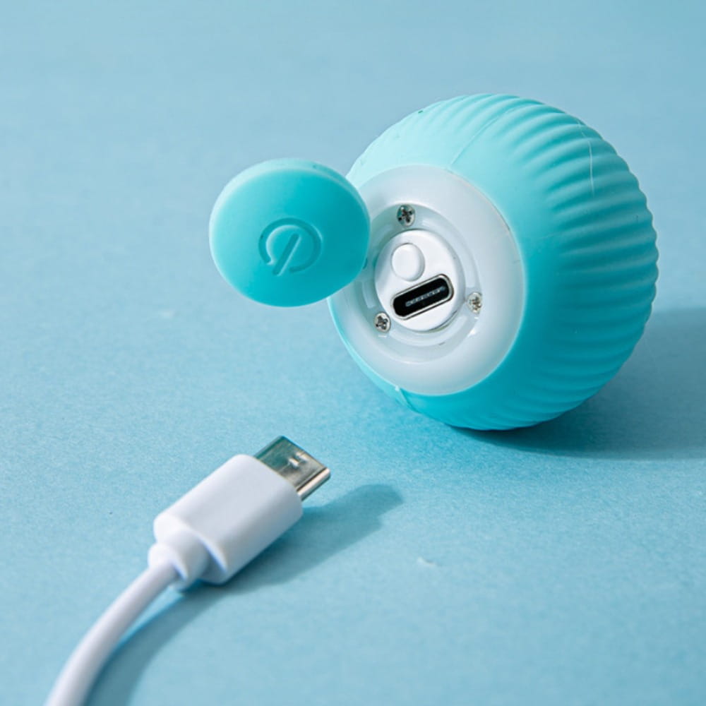 automatic interactive smart cat ball toy featuring a turquoise ribbed silicone spherical device with a white circular base and removable cap with a power symbol