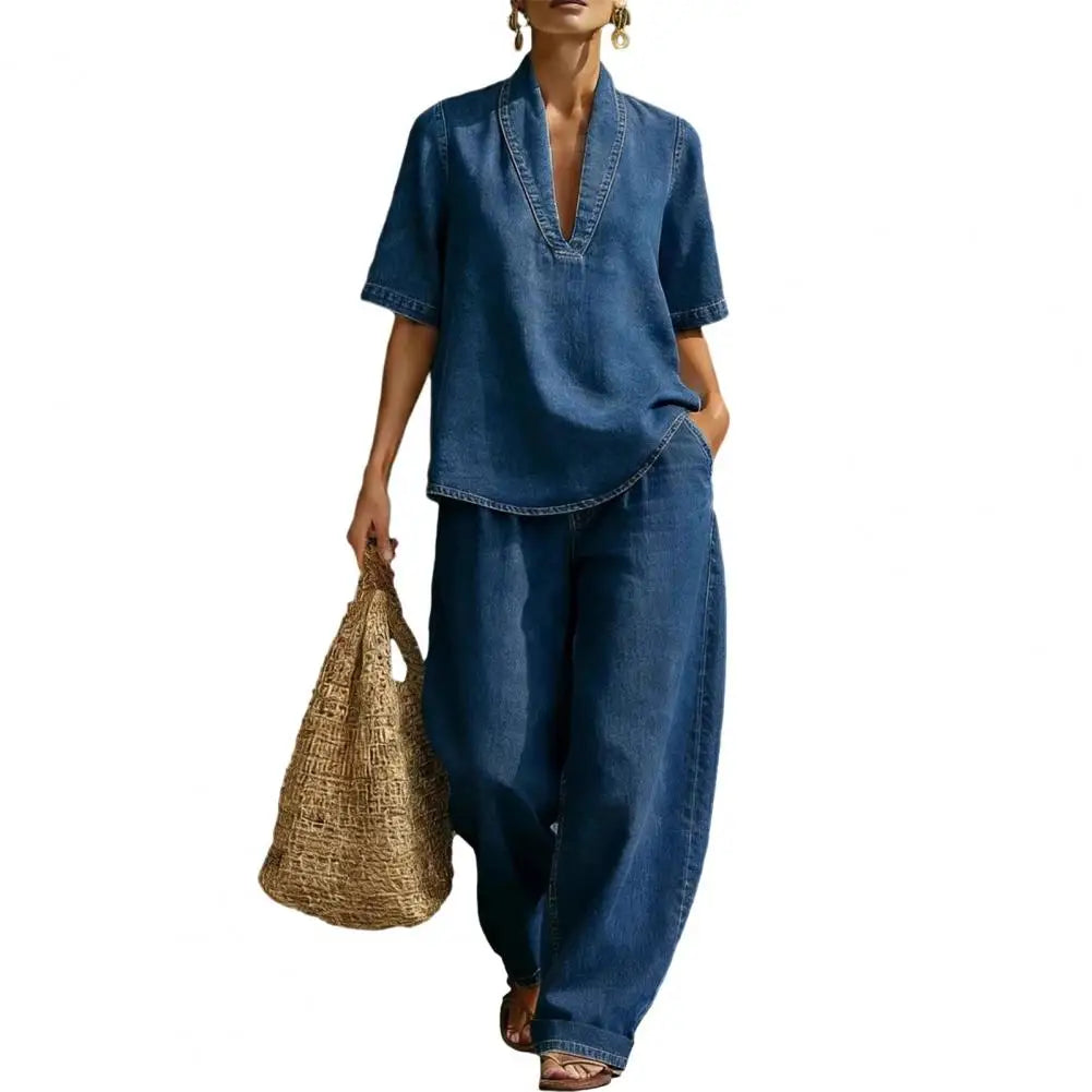 Women's 2 Piece Denim Outfit Summer Short Sleeve V Neck Lapel Top Wide Leg Pants With Pockets Casual Vacation Sets