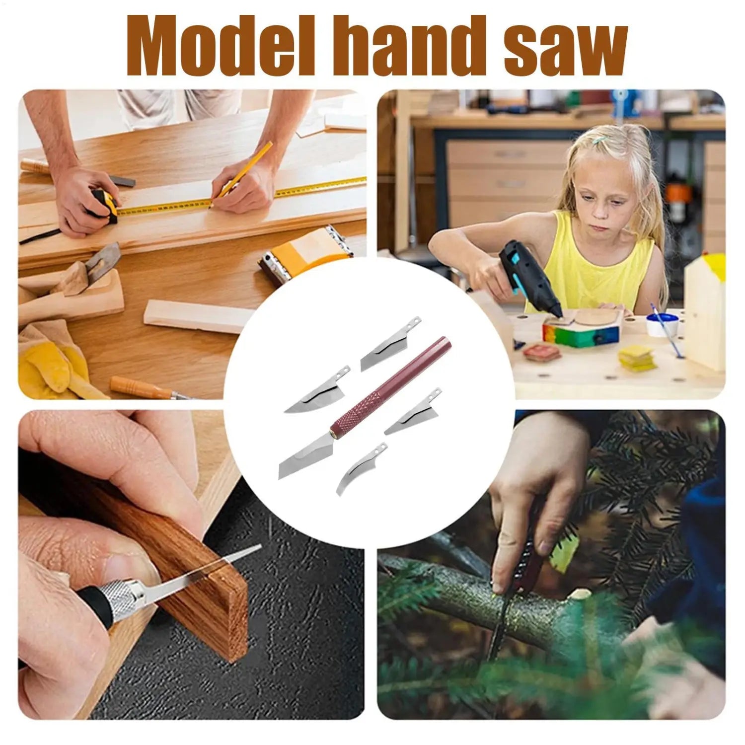 Set of four model craft hand saw knives with stainless steel blades and textured handles in red black and silver for precision cutting.