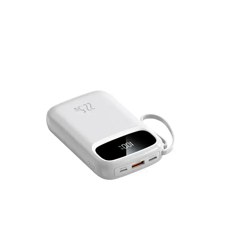 White rectangular lavender 120w fast charging 20000mah power bank with digital display showing 100 percent battery, two usb ports, and integrated carrying loop.