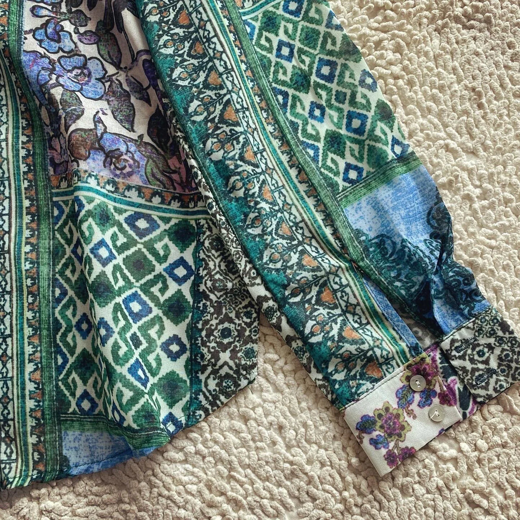 Green Floral Printed Blouses Shirts For Women Tops Long Sleeve V Neck Spring Autumn Loose Blouse Boho Chiffon Ethnic Blusas