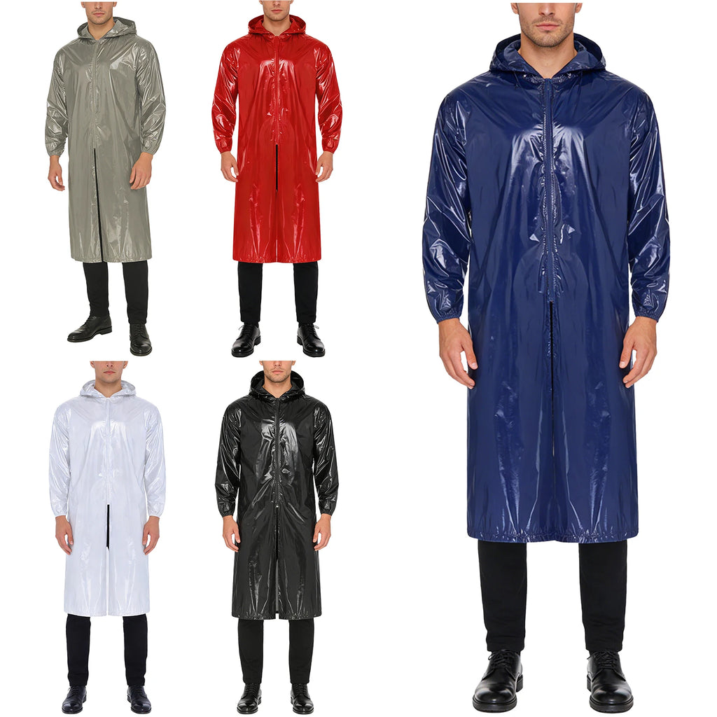 Mens Women's Raincoat Trench Hooded Coat Long Sleeve Front Zipper Lightweight Waterproof Long Jacket Workwear Camping Poncho
