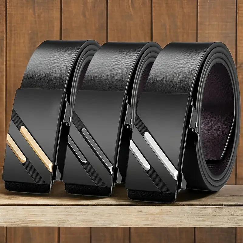 three black synthetic leather men’s belts with automatic buckles featuring sleek metallic diagonal accents in gold and silver