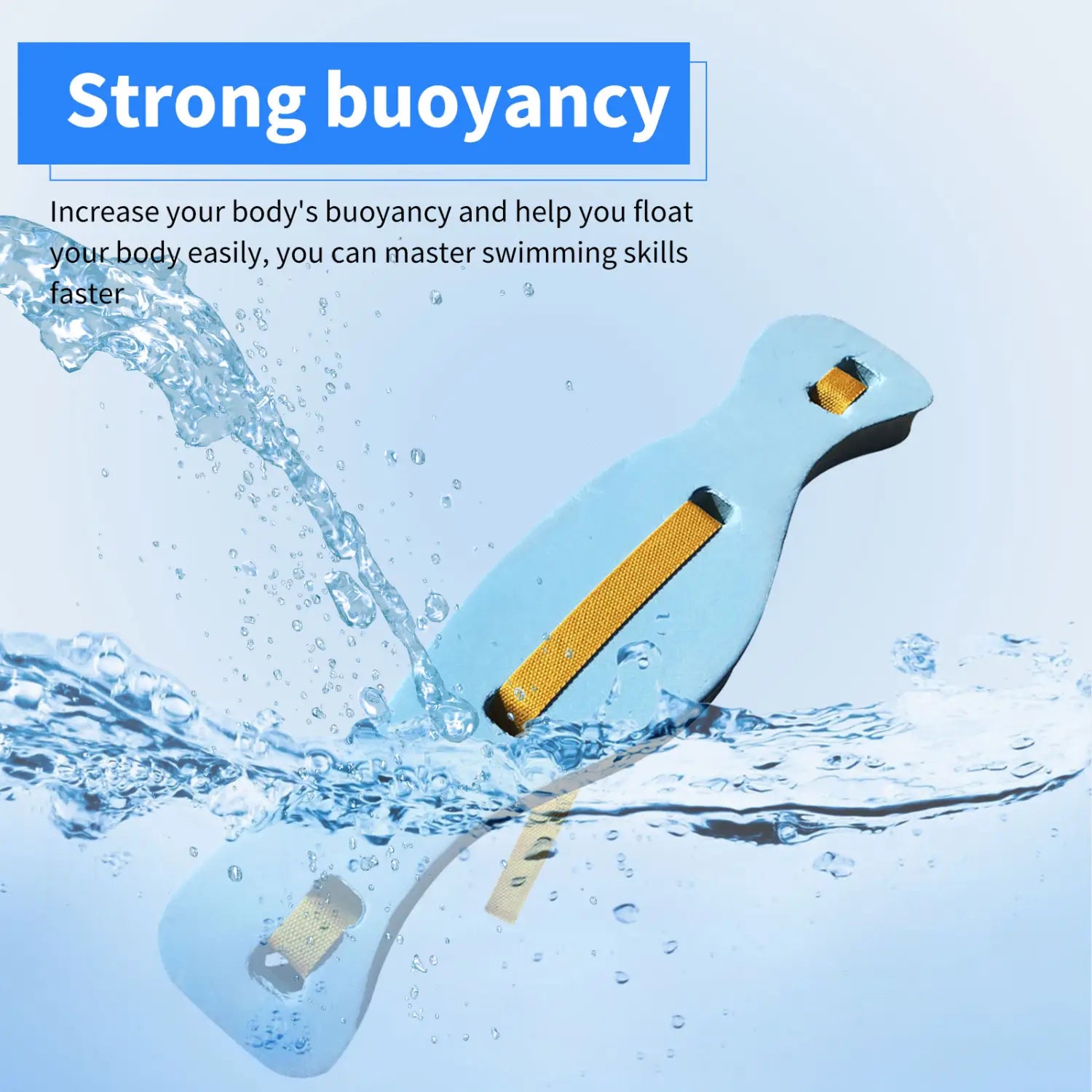 light blue swim buoyancy belt with adjustable yellow textured straps designed as a training float for swimming support