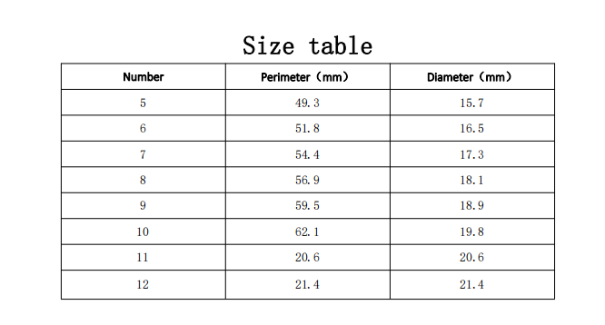 Size table showing black text on white background with numbers 5 through 12 and their corresponding perimeter and diameter measurements in millimeters for an aquamarine crystal bridal jewelry set.