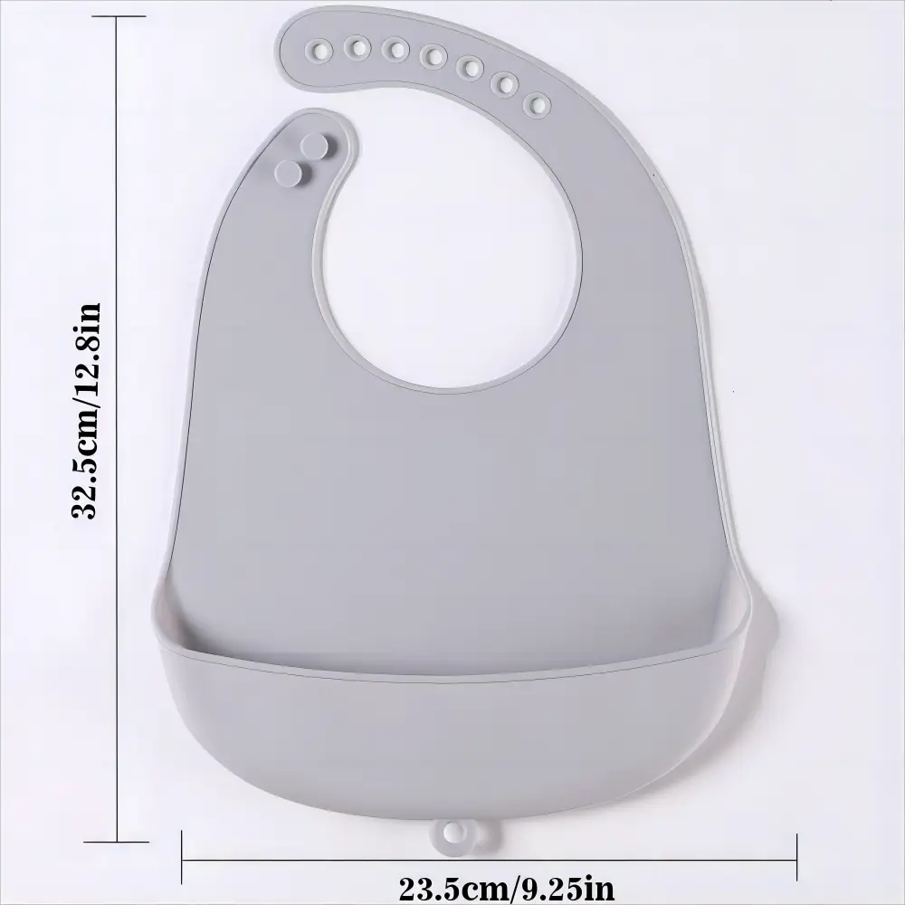Graues Silikon-Lätzchen für Babys mit verstellbarem Nackenband und herausnehmbarem Tablett aus wasserfestem Material für eine praktische Nutzung