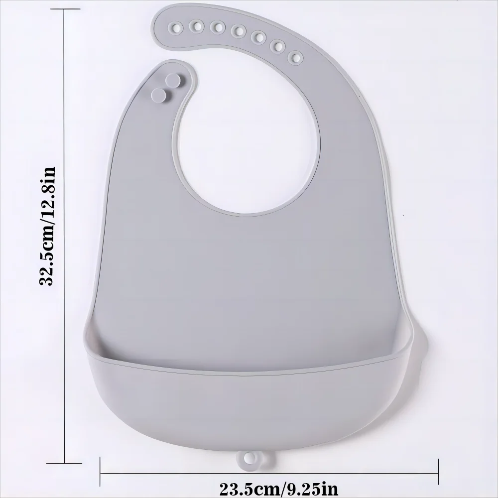 The baby feeding bib is made of silicone and has a water-resistant design. It is suitable for feeding purposes.