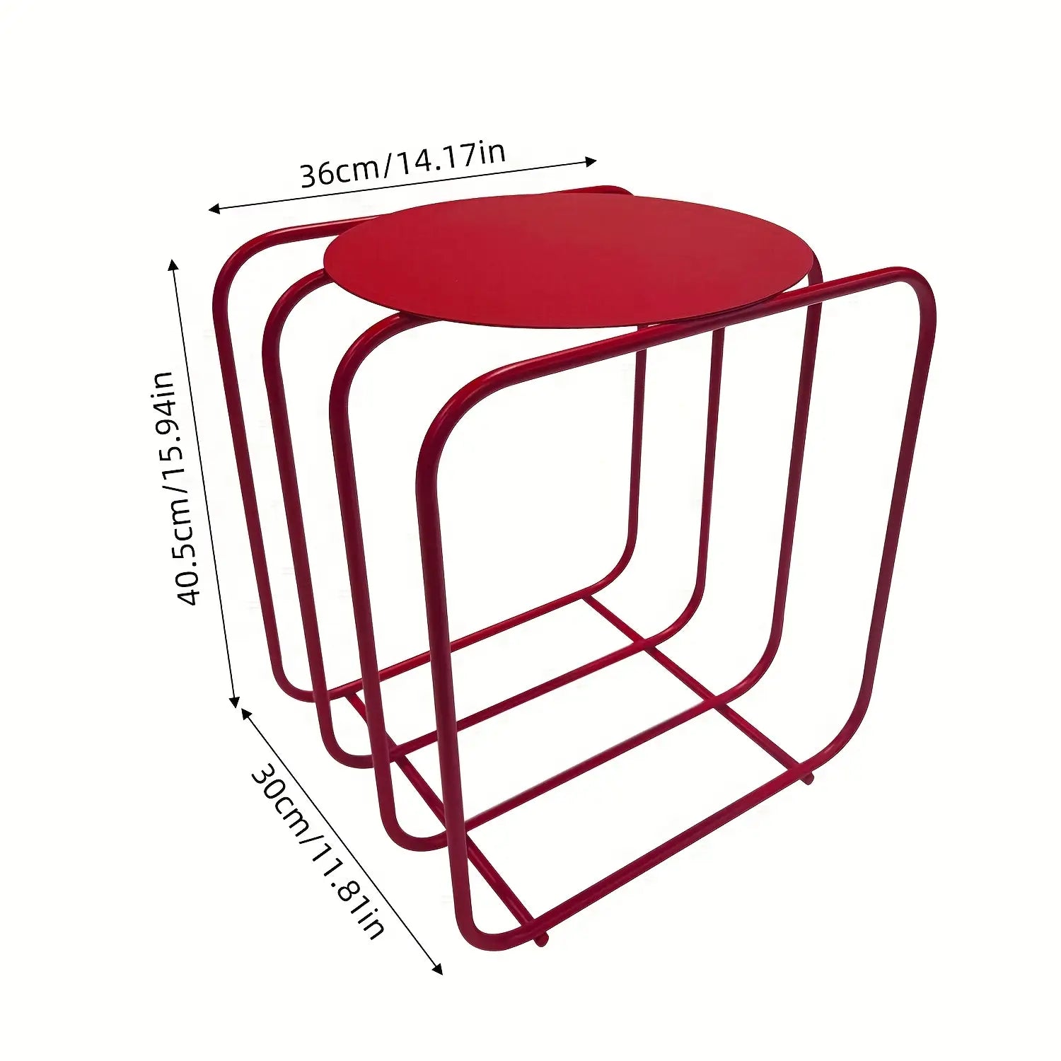 Red circular-top metal side table with minimalist frame designed as a magazine rack for modern storage.