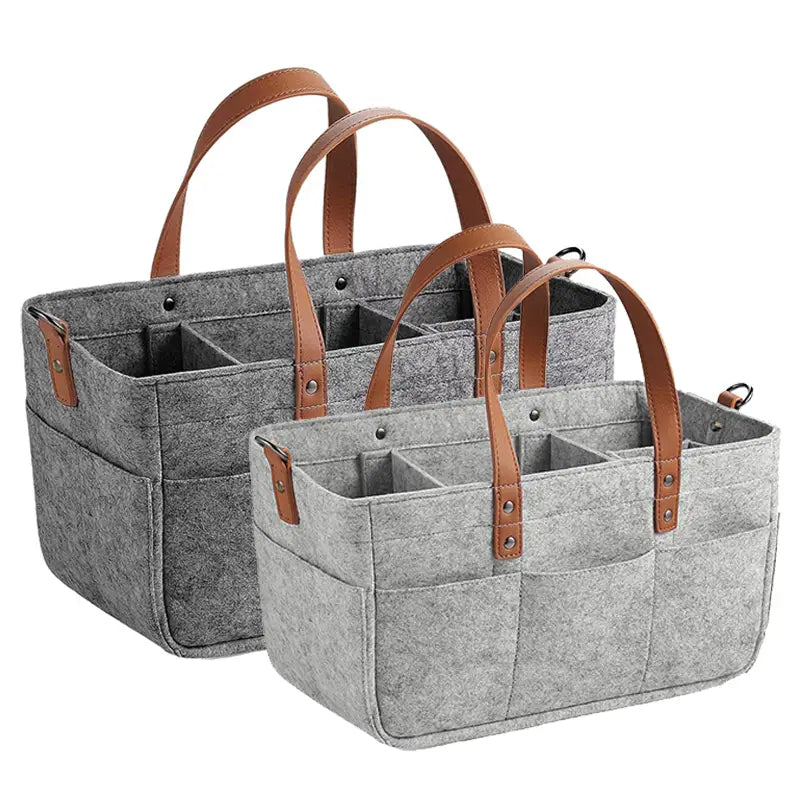 Organiseur de siège de voiture en feutre gris, sac de rangement, avec poignées en cuir marron et plusieurs compartiments pour l’organisation du véhicule
