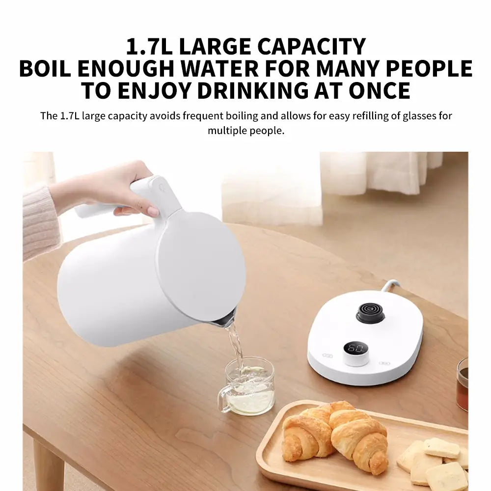 Weißer Xiaomi Mijia Smart Kettle 2 Pro Elektro-Wasserkocher mit eleganter moderner Gestaltung und großer Kapazität von 1,7 Litern zum schnellen Aufkochen von Wasser, um mehrere Personen gleichzeitig zu versorgen.