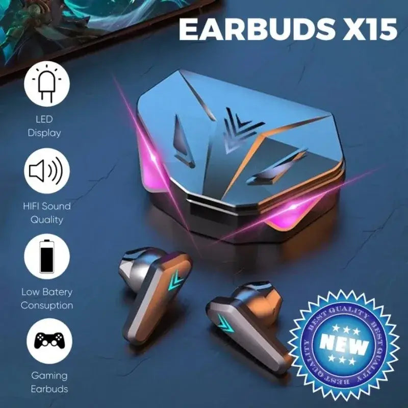 Blue and black geometrically designed charging case with glowing pink LED accents paired with matching low latency in-ear style X15 wireless gaming earbuds featuring orange and silver finishes for music listening.