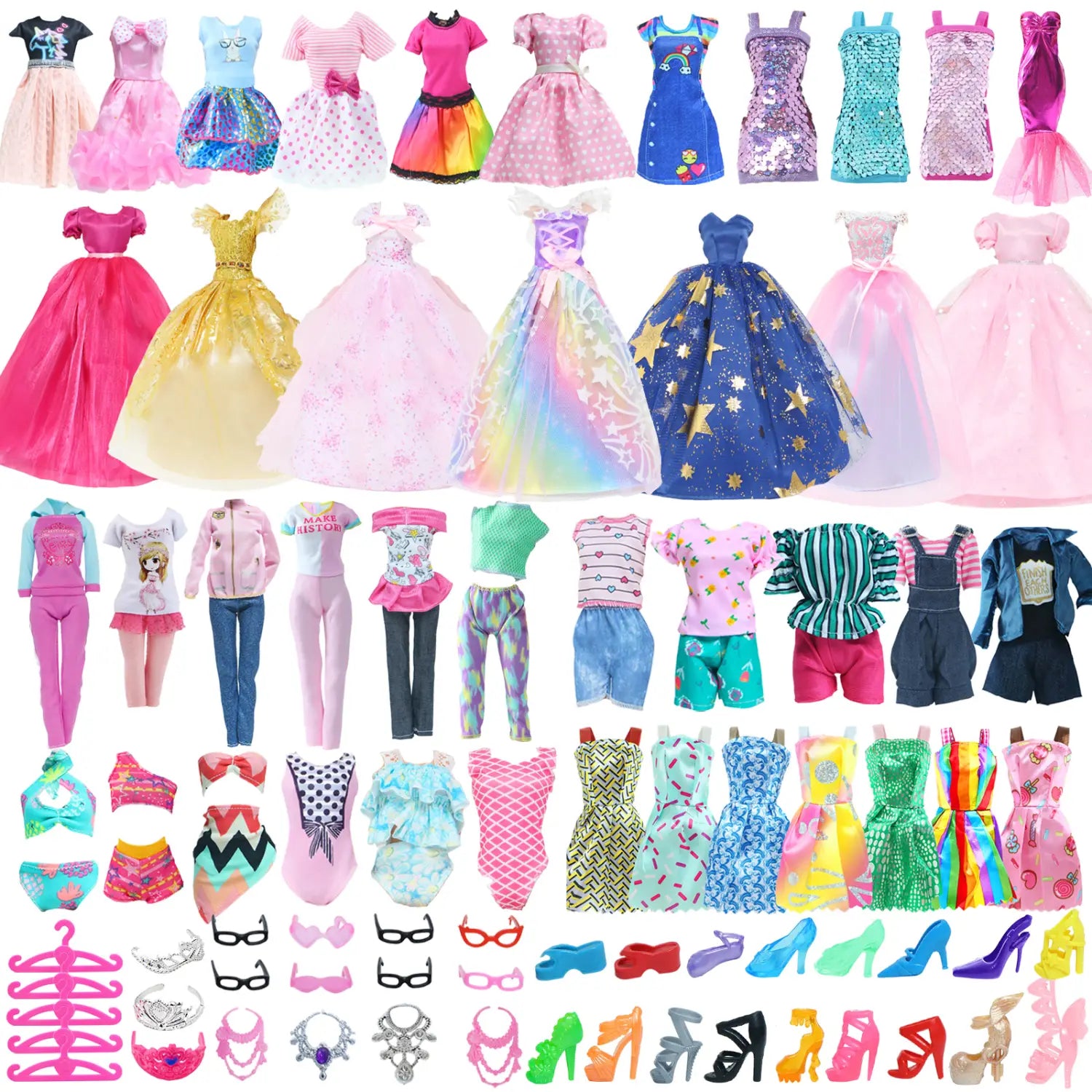 A vibrant collection of barbie doll outfits and accessories in assorted colors patterns and styles in a 50 piece fashion outfit set.