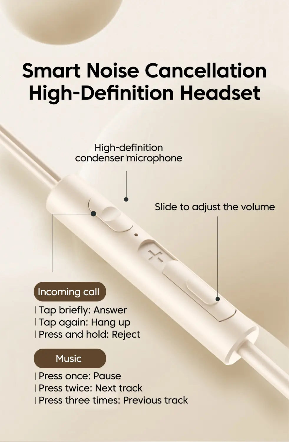 white wired in-ear headphones with volume control feature and high-definition condenser microphone for clear sound quality and noise cancellation.
