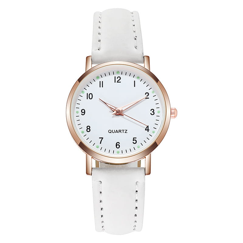 Rose gold women leather quartz watch with white leather strap rose gold-tone case and dial and minimalist black numerals and hands.