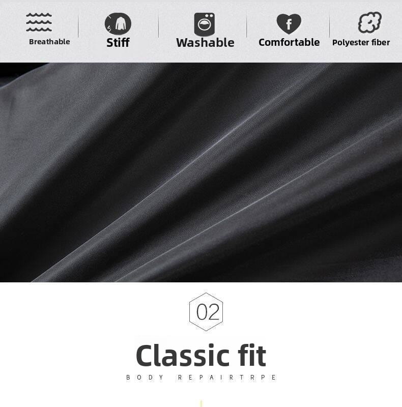 Tejido de poliéster negro con una textura rígida y transpirable, ideal para prendas de ajuste clásico utilizadas en el blazer de lana con mezcla de cuadros grises para hombre, estilo casual de negocios.