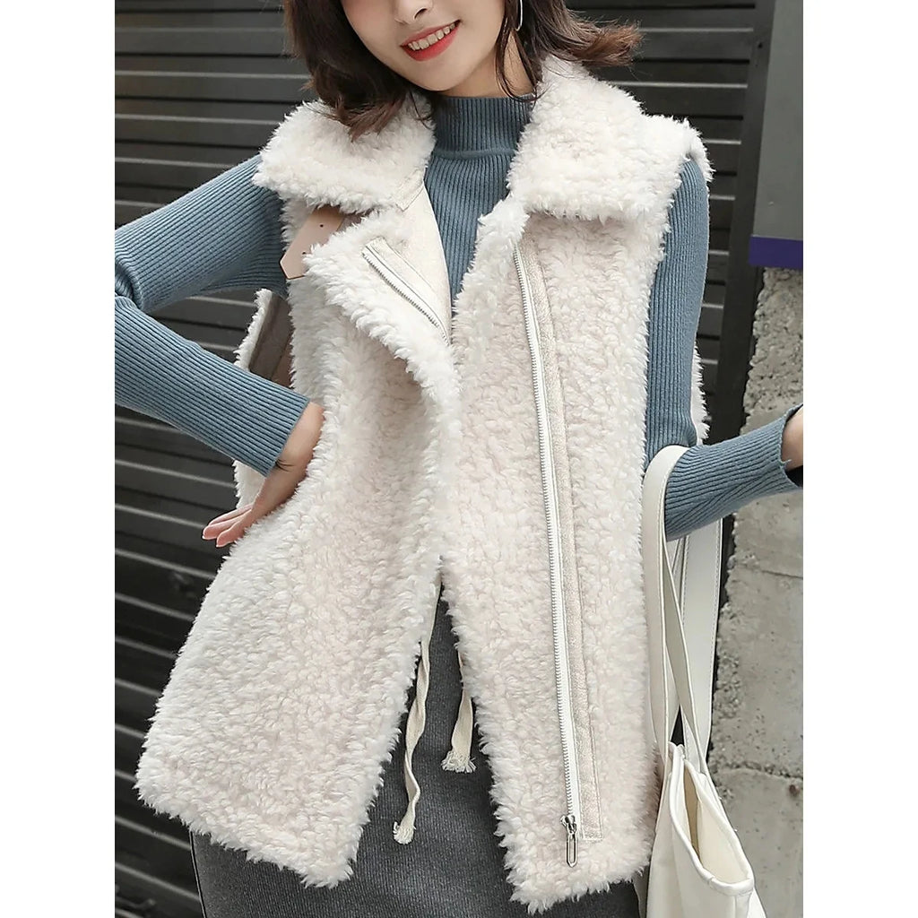 Women Vest Jacket Autumn Winter Lamb Wool Gilet Korean Fashion Sleeveless Waistcoat Solid Thick Warm Zipper Coat Chaleco Mujer