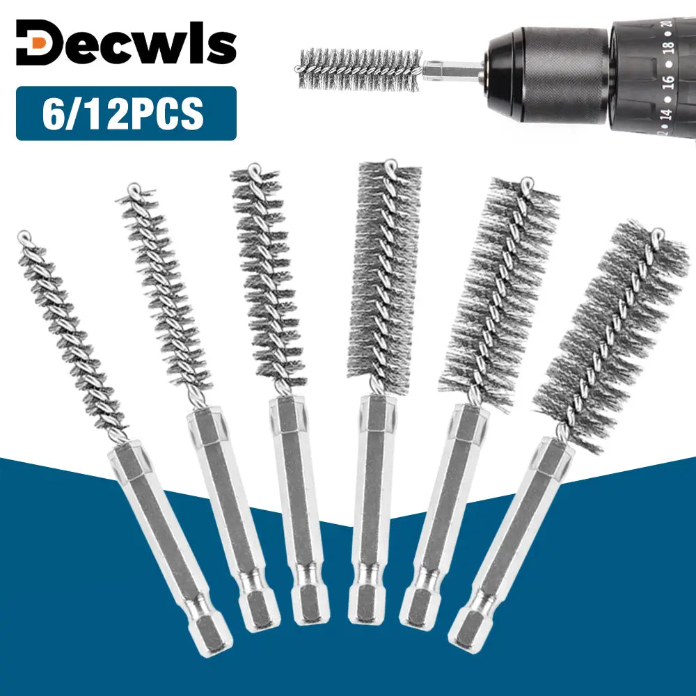 Set of six stainless steel spiral drill bit brushes with hexagonal shafts for cleaning precision tools in stainless steel wire bore brush set.