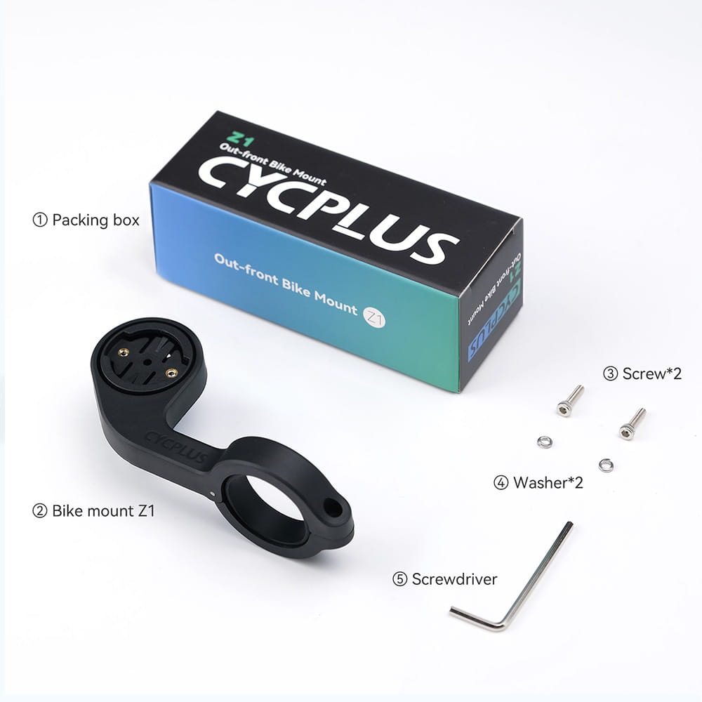 black plastic cycplus z1 outfront gps bike computer mount with a curved arm and circular clamp for securing devices