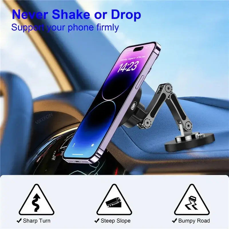 Cargador inalámbrico para coche magnético ajustable negro y plateado que sujeta un teléfono inteligente para iPhone 15 14 13 12.