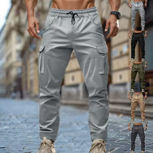 Herren graue Multi-Taschen-Cargohosen, lässige Jogginghosen, mit elastischem Bund und mehreren Taschen, entwickelt für Komfort und Zweckmäßigkeit.