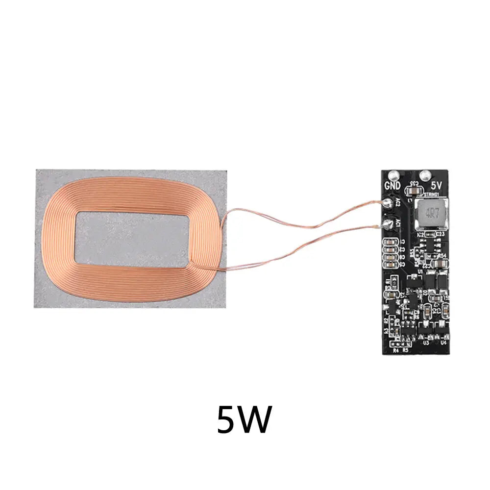 a copper-colored rectangular wireless charging receiver module 5v pcba with a coil connected by wires to a black circuit board featuring labeled components and a 5v marking designed for optimal sensing distance input voltage and output current.