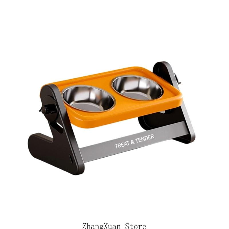 height adjustable stainless steel pet feeding station in orange and black featuring two bowls for versatile feeding options