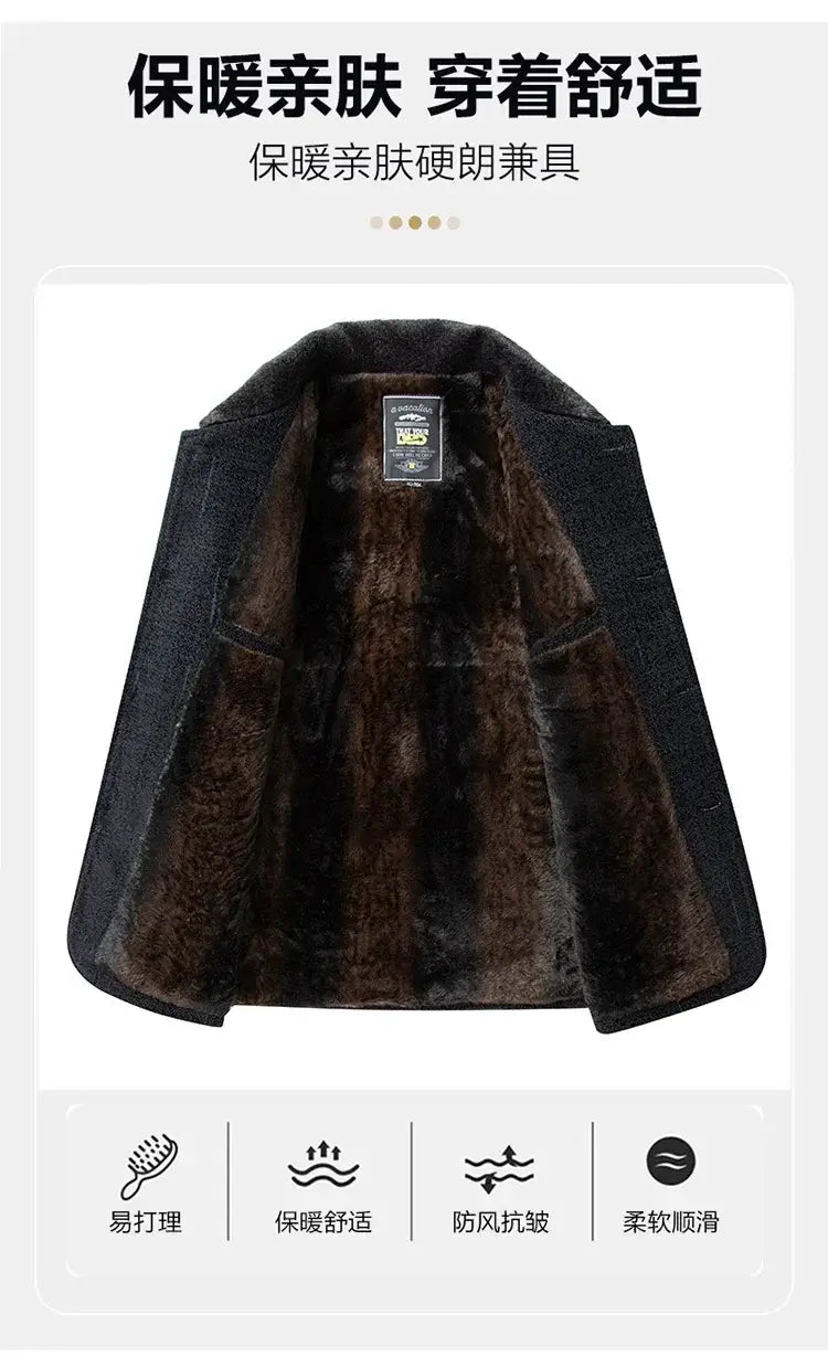 Men wool blend winter trench coat in dark denim with a plush brown faux fur lining and classic collar.