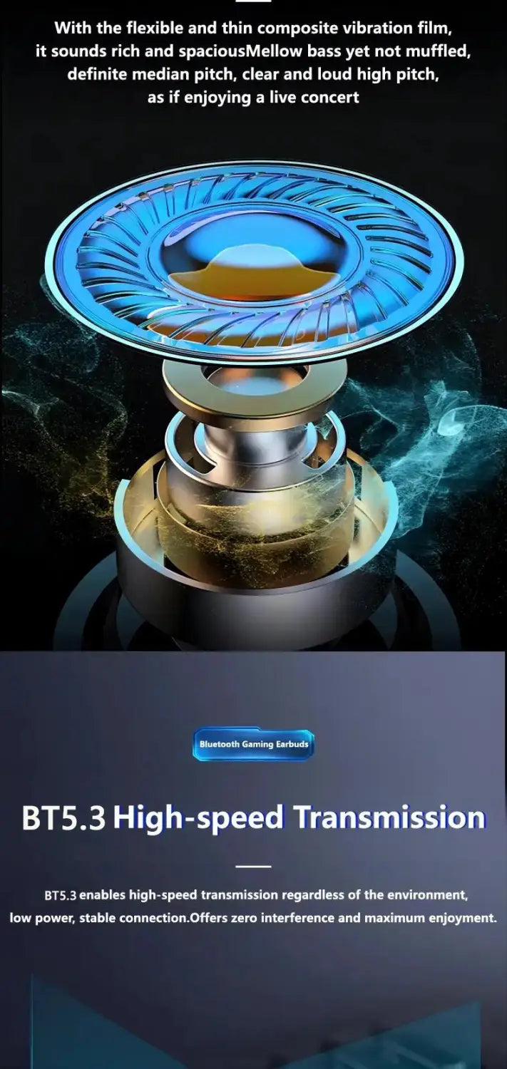 Blue and gold x15 wireless gaming earbuds feature a sleek circular design with low latency and in-ear style ideal for music listening.