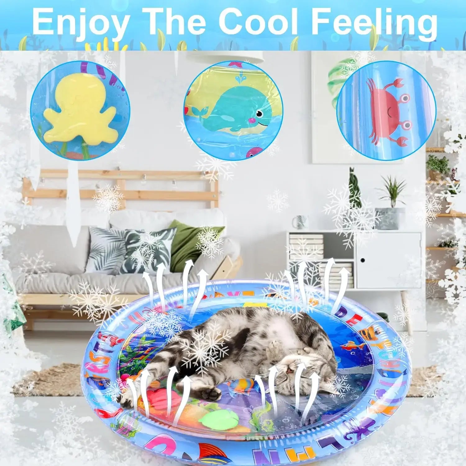 blue inflatable water mat with cartoon sea creature designs featuring a sleeping tabby cat inside for pet play and comfort
