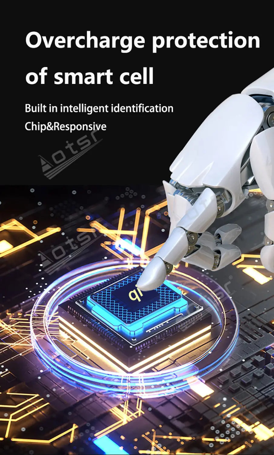 Eine elegante weiße, robotische Hand interagiert zart mit einem leuchtend blauen Smart-Cell-Chip auf einem beleuchteten Leiterplattenhintergrund und stellt ein kabelloses Autoladegerät für Roewe New Energy 2016 bis 2019 zur Schau.