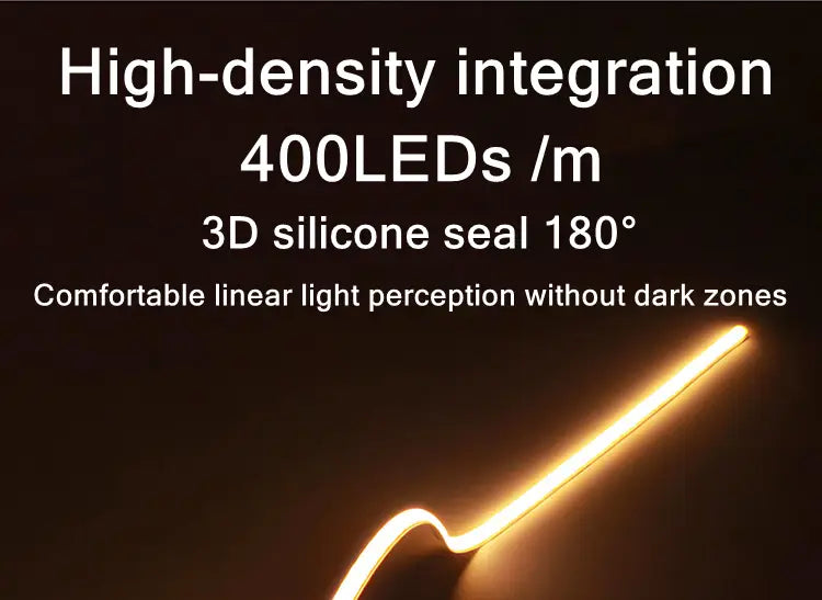 Una tira flexible de LED COB blanco cálido con un sello de silicona 3D, mostrada en forma enrollada, para aplicaciones de decoración del hogar de bricolaje