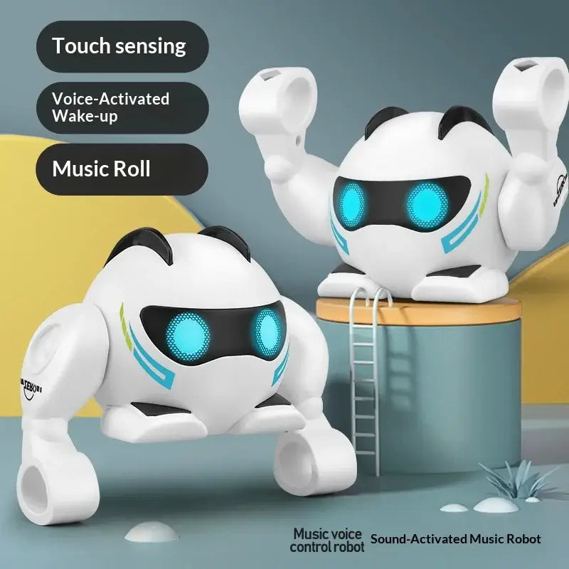 White and blue panda-shaped interactive robotic dog toy with voice control and glowing blue eyes.