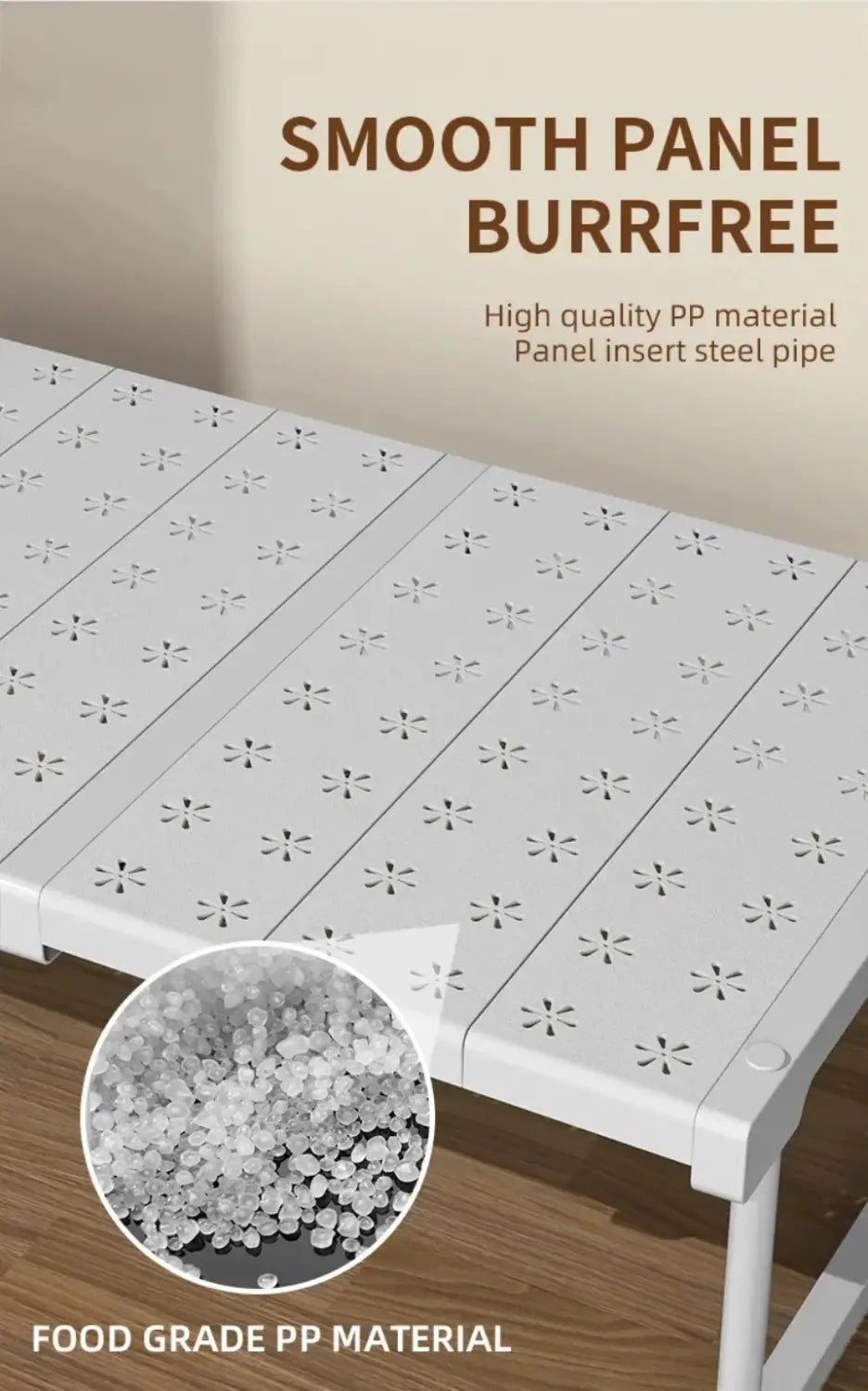 Organisateur d’armoire en plastique blanc avec rack de rangement empilable et surface lisse sans bavures, ainsi que découpes en forme d’étoile sur des étagères blanches empilables réglables, pour l’organisation des vêtements.