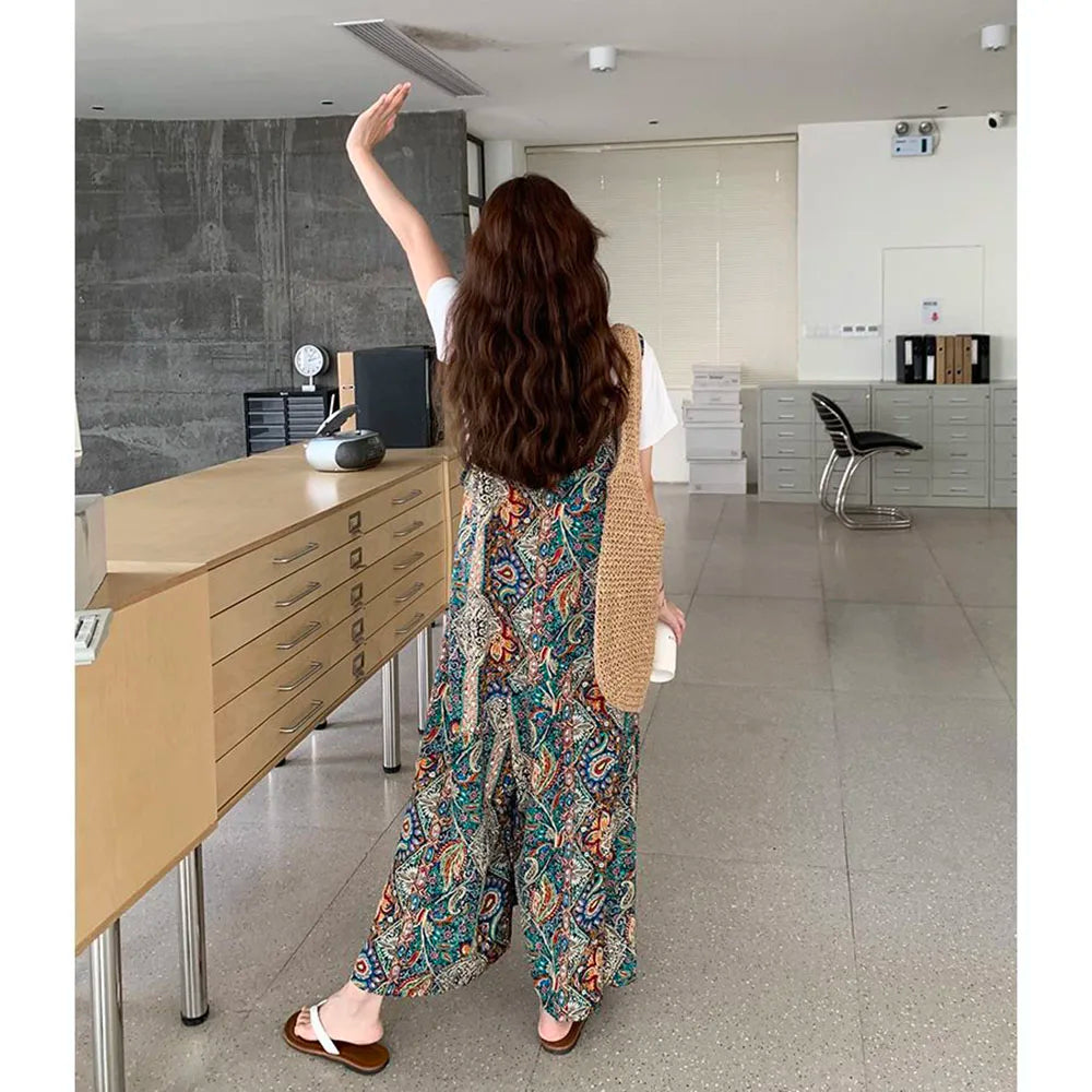Summer Women's Jumpsuit 2026 New Vintage Bohemian Rompers Casual Fashion Printed Wide Leg Pants Female Sleeveless Strap Overalls